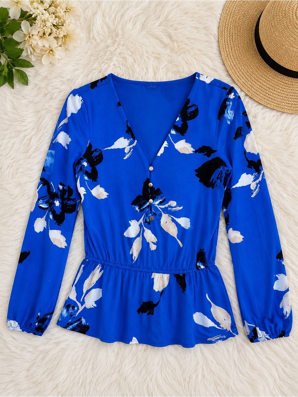 💙🖤WHBM Blue Floral Peplum Blouse Sz XS Long Sleeve V Neck Top 🖤💙
